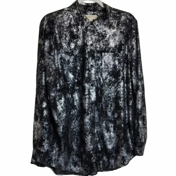 Michael Michael Kors L Sheer black metallic silver‎ button down shirt top Retro - Picture 1 of 6